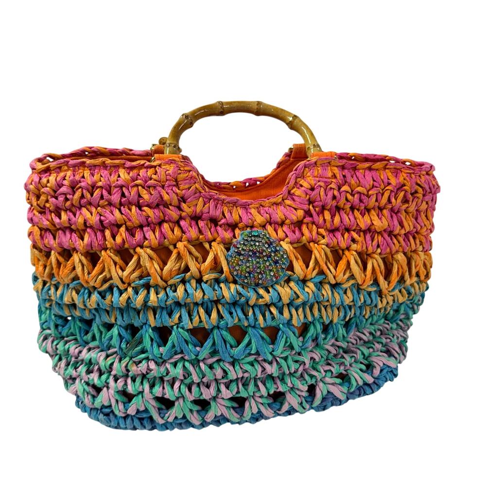 Cappelli Straw Handbag Rhinestone Seashell Vacation Rainbow